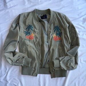 Green Bomber Jacket with Colorful Embroidery
